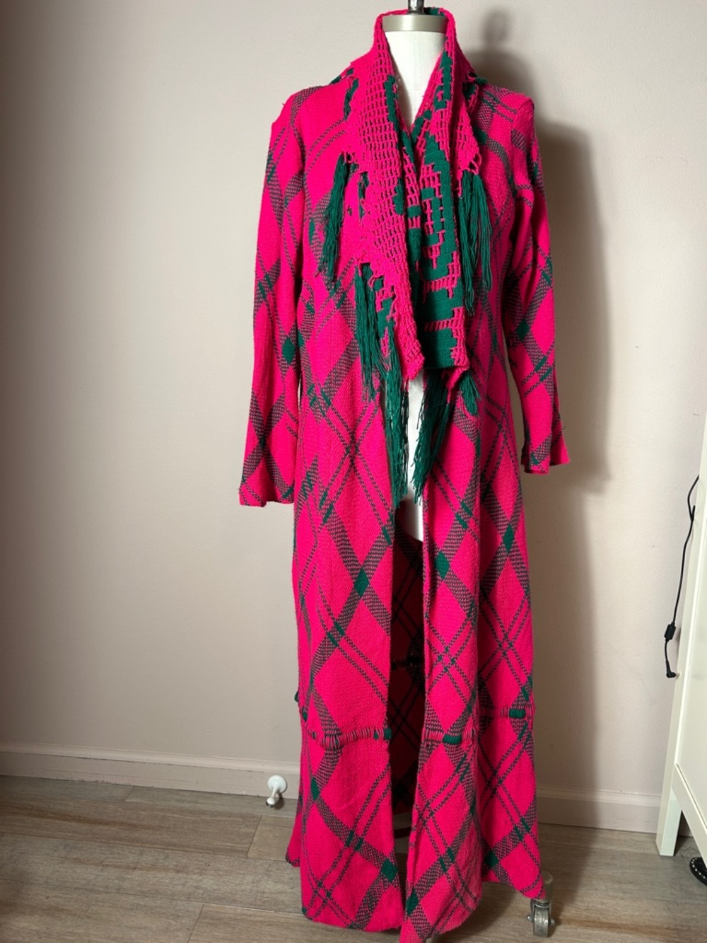 Hot Pink Green Fringe Maxi Dress - Boho Plaid Knit FP style duster hippie boho